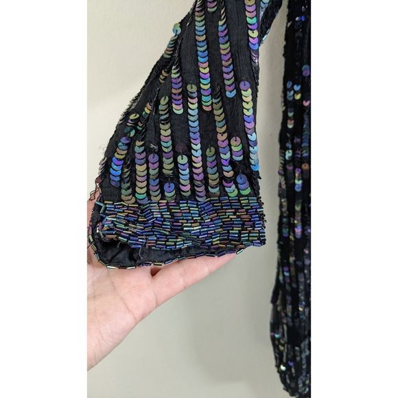 Oilslick rainbow Sequined Beaded long Silk Black Goddess Cardigan Jacket Vintage - Picture 11 of 16